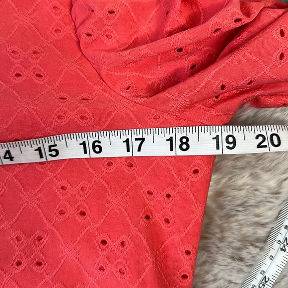 CeCe | Melon Color Eyelet Ruched Sleeve Knit Top - Picture 2 of 9